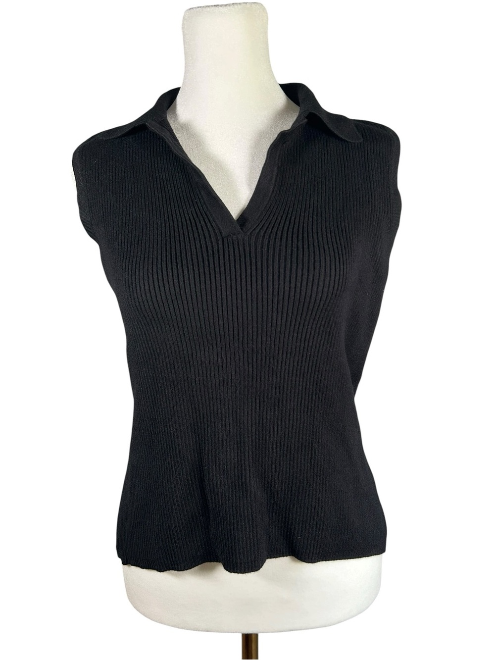 Vintage 90s Black Silk Ribbed Knit Collared Sweater Vest Sleeveless Top L
